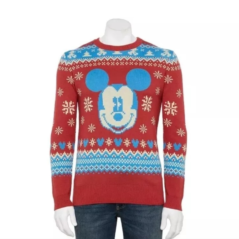 Disney Mickey Mouse Men's Holiday Christmas Sweater Red Blue